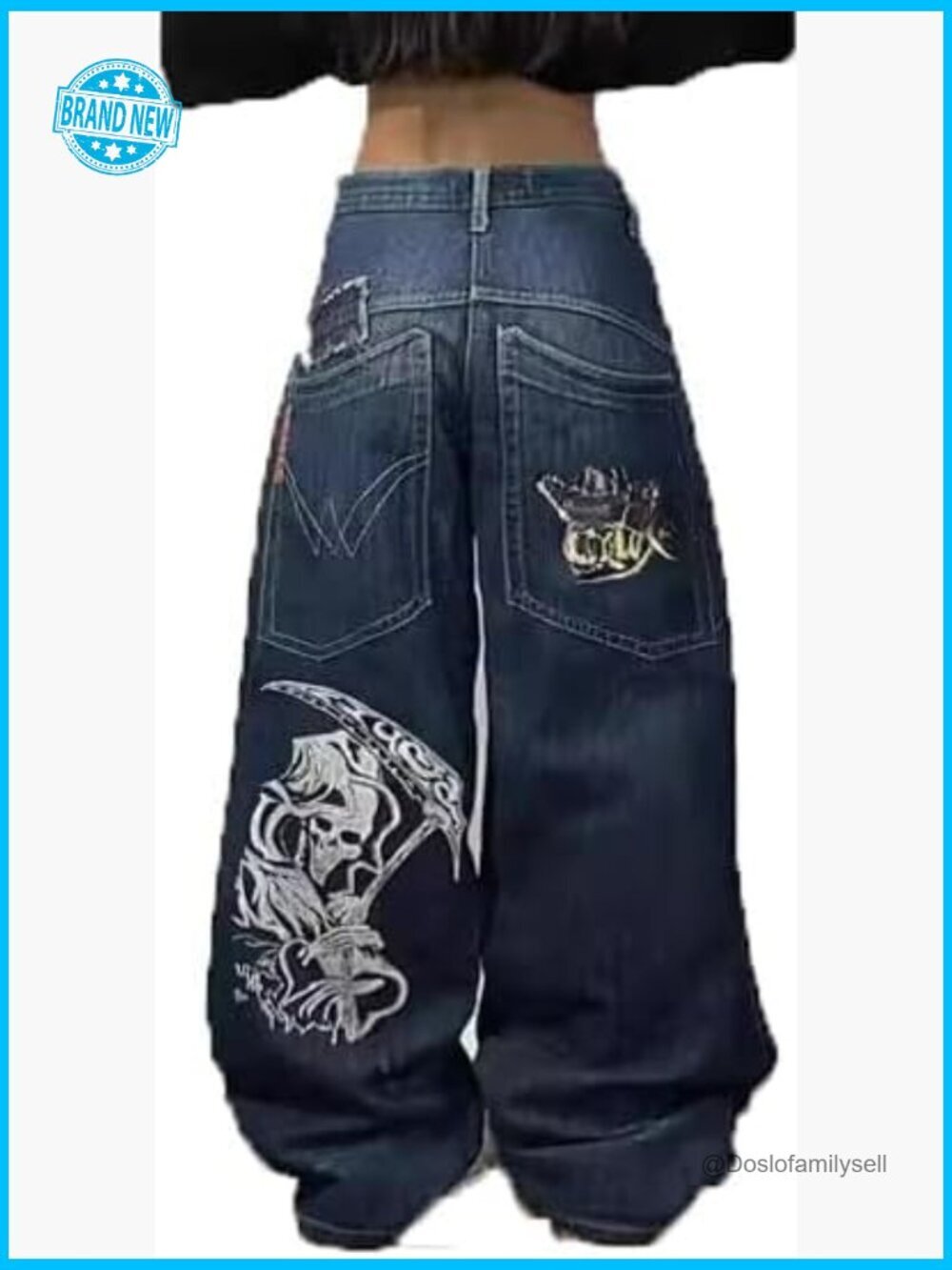 Y2K Vintage High Waist Wide Leg Baggy Jeans Gothic Skeleton Print Denim